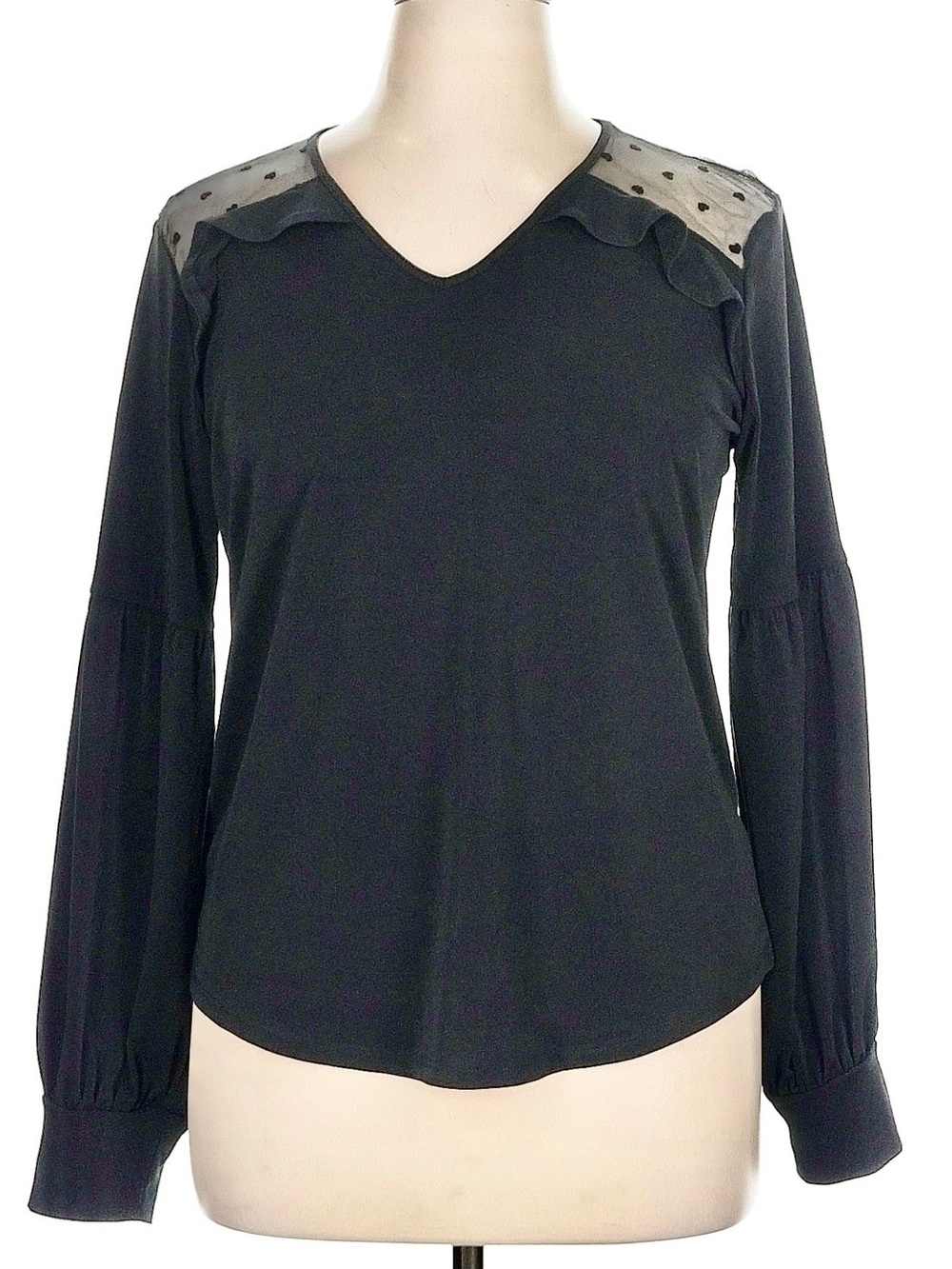 Adrianna Papell Black Swiss Dot Heart Mesh V-Neck Ruffle Blouse